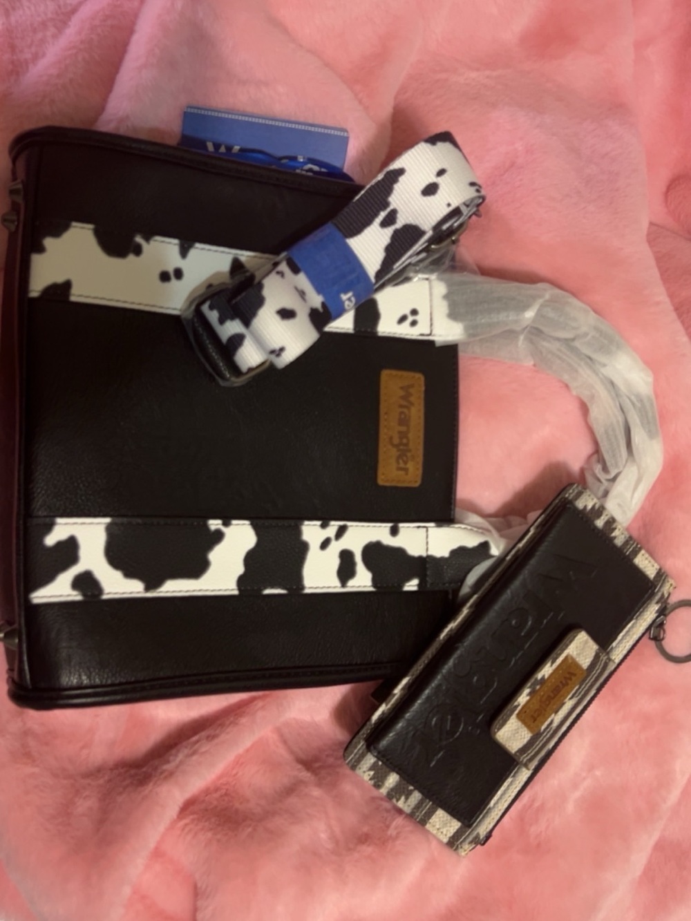Wrangle Black & White Cow Print Tote with Matching Strap and a wrangler wallet